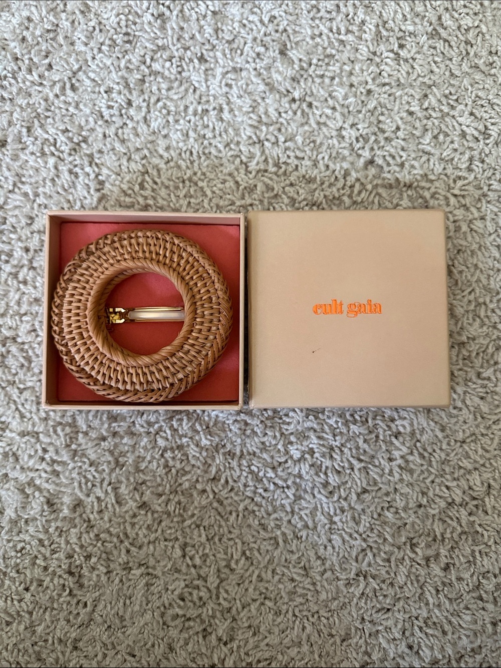 cult gaia round woven rattan hair accessory in natural tan with gold clasp
